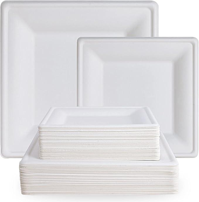 ECOLipak 120 Pack Compostable Paper Plates, 10 inch and 8 inch Heavy Duty Eco friendly Sugarcane Biodegradable Disposable Square Plates for Party Dinner Birthday