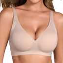 EYNMIN Sameless Wireless Bras for Women No Underwire V Neck Push Up Jelly Bra Supportive Full Coverage Comfortable Bra (Beige)