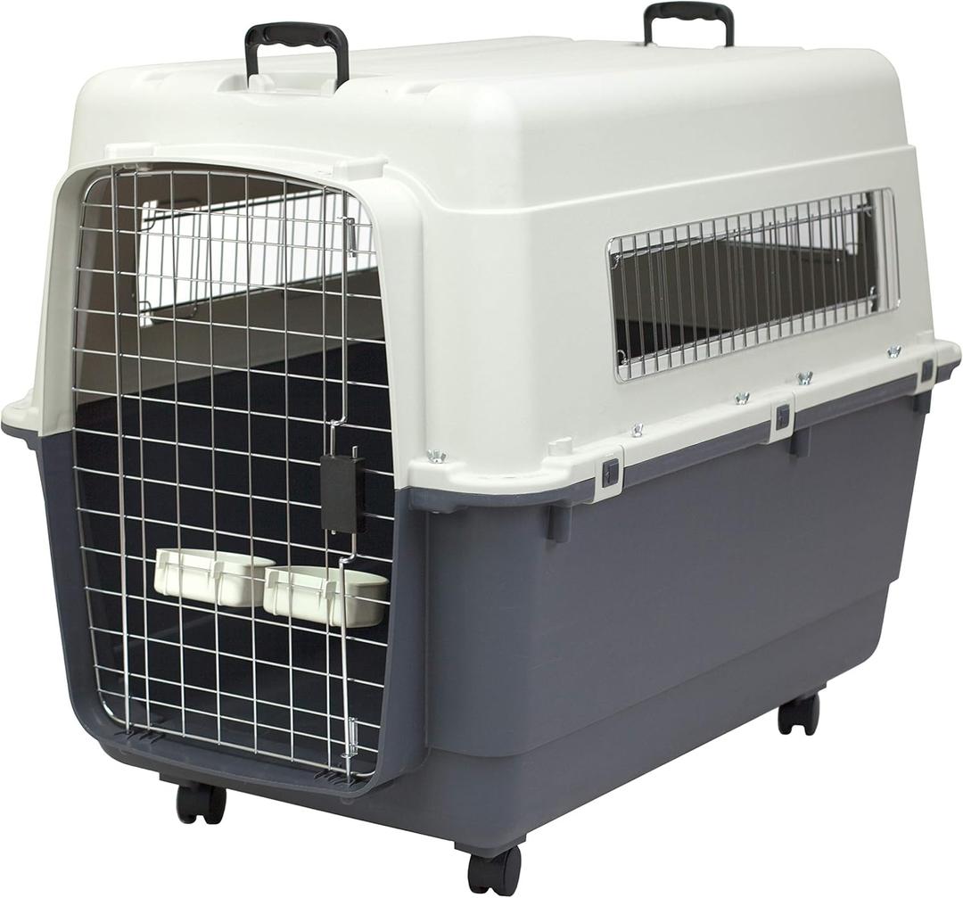 SportPet Designs Plastic Kennels Rolling Plastic Wire Door Travel Dog Crate, XXL (39.5"L x 26.5"W x 29.3"H)