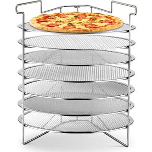 Honeydak 7-Slot Folding Pizza Pan Rack with 7 14-Inch Pizza Baking Screens for Compact Convenient and Easy Storage, Home Restaurant