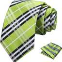 PenSee Mens Black Tie Checkered Tie Classic Necktie 3.15" (8CM) Plaid Ties For Men With Pocket Square Set (Medium, 207-twill Plaid Lime Green)