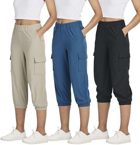 3 Pack:Women's Woven Cargo Capri Jogger Pants Tactical Hiking 5 Pockets Water Resistant Quick Dry Active Pockets Drawstring (Medium, Set 8)