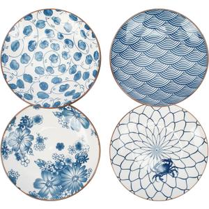 Small Ceramic Salad Plates Set of 4, 7 Inch (13oz) Japanese Appetizer Plates for Sushi Snacks, Dessert Plates for Cake Fruit, Blue & White Dinnerware, Microwave Dishwasher Safe