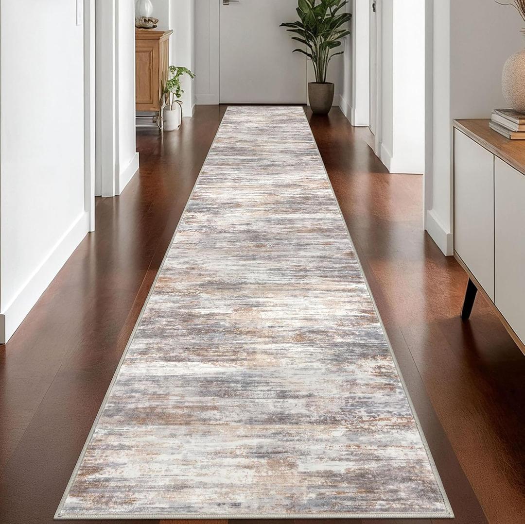 KOZYFLY Modern Abstract Washable Rug Runner 2.6x16 Hallway Rug Runner Non-Slip Soft Kitchen Runner Rugs, Multi Grey/Orange Striped Carpet for Stair Entryway Bathroom