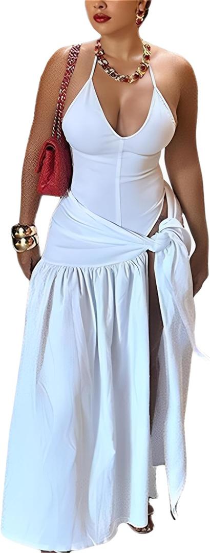 Womens Summer 2 Piece Maxi Skirt Sets Sexy Halter V Neck Backless Thong Bodysuits Wrap Beach Cover Ups Vacation Outfits (Small, White)