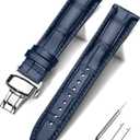 EACHE Croco Design Leather Watch Bands for Men Women,Quick Release Strap with Butterfly Deployment Buckle 18mm 19mm 20mm 21mm 22mm 24mm (Blue-Silver Buckle)