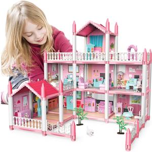 Kids Pink Grand Three Story Dolls House Playset with Furniture, Accessories and Outdoor Space