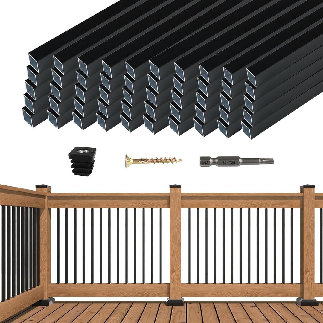 Muzata 25Pack 36" x3/4" Aluminum Deck Balusters Square Baluster Deck Railing Black Hollow Spindles with Screws for Railing Fencing Porch WT13