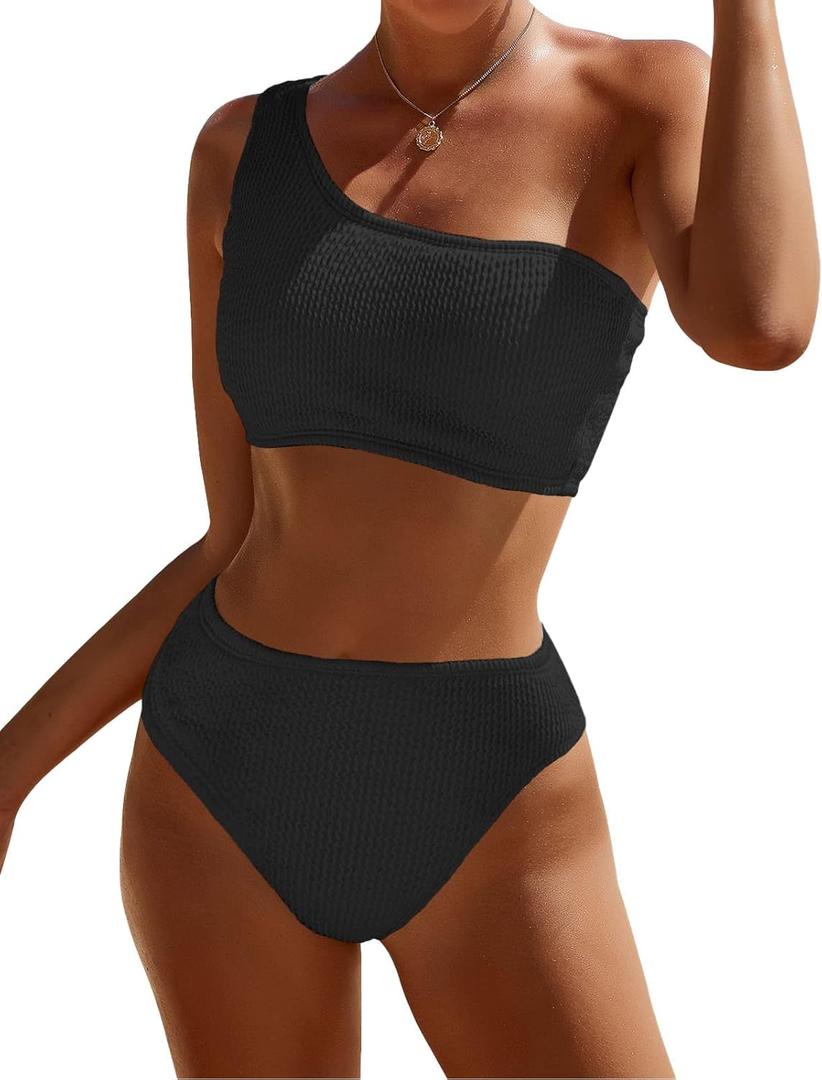 Bikini Sets for Women High Waisted 2 Piece Bestselling Swimsuit Ribbed One Shoulder Tummy Control Bathing Suit 2025 (Small, Black)