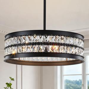 6-Light Black Crystal Chandelier, Large Glass Chandeliers for Dining Room with Adjustable Hanging Chain, 20" Modern Crystal Pendant Light Fixtures for Kitchen Entryway Living Room Bedroom