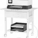 Lerliuo Under Desk Rolling Printer Stand with Charging Station and USB Ports, 2-Tier Printer Table Desk with Fabric Drawer, Printer Cart Holder with Lockable Wheels for Home, Office (White)