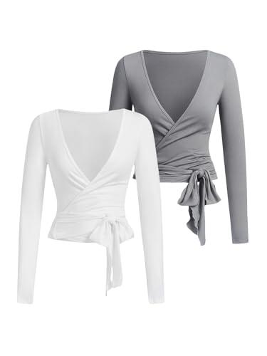 SweatyRocks Women's Pilates Outfits Wrap Tops Ballet Yoga Coquette Shirt Cute Long Sleeve Workout Activewear White Medium