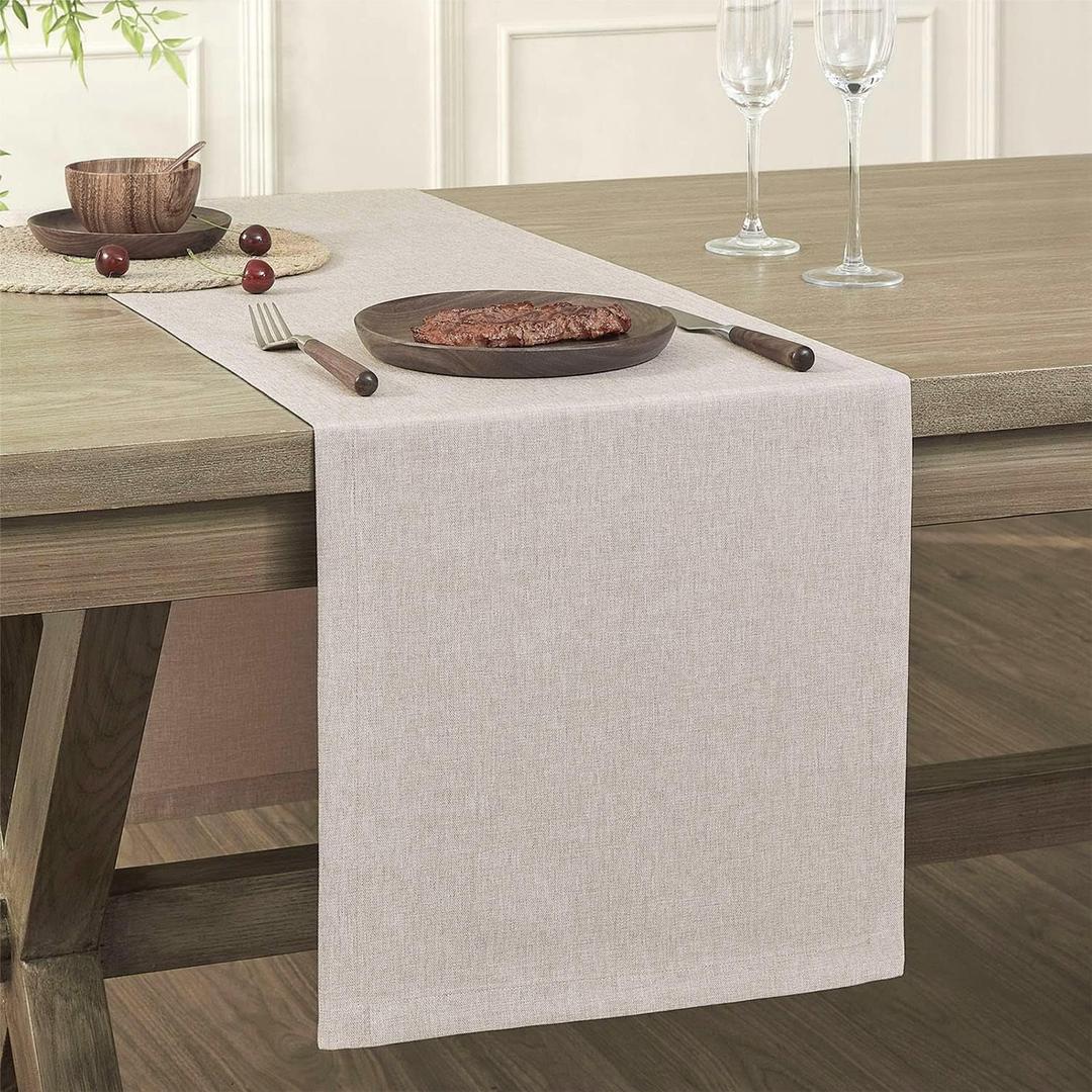 ZeeMart Basic Linen Style Table Runner, 14 x 108 Inch Light Natural Chambray, Rustic Farmhouse Neutral Table Runners 108 Inches Long, Everyday Polyester Table Runner - Machine Washable & Easy Care