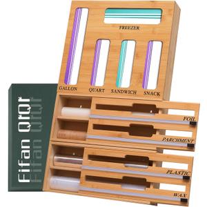 9 In 1 Storage Bag Organizer And Plastic Wrap Dispenser With Cutter, Bamboo Foil and Plastic Wrap Organizer