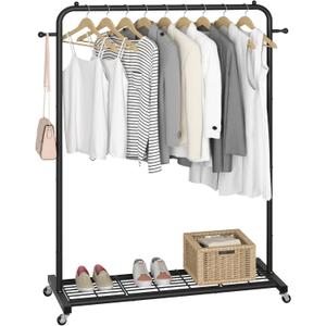 Sywhitta Clothing Rack on Wheels with Mesh Storage Shelf & Sturdy Metal Frame, Rolling Garment Rack for Hanging Clothes, Coats, Skirts, 39.76" L x 16" W x 64.56" H,Black
