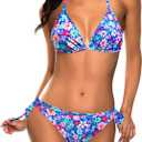 Tempt Me Women Triangle Bikini Sets Halter Two Piece Sexy Swimsuit String Tie Side Bathing Suit (Small, Blue Colorful Floral)