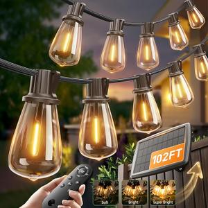 addlon 102FT(96+6) Solar String Lights Outdoor with Remote, Waterproof Patio Lights with 30 Shatterproof LED Bulbs, 30H+ Long-Lasting Dimmable & Timable Solar Light for Backyard Camping Garden Decor