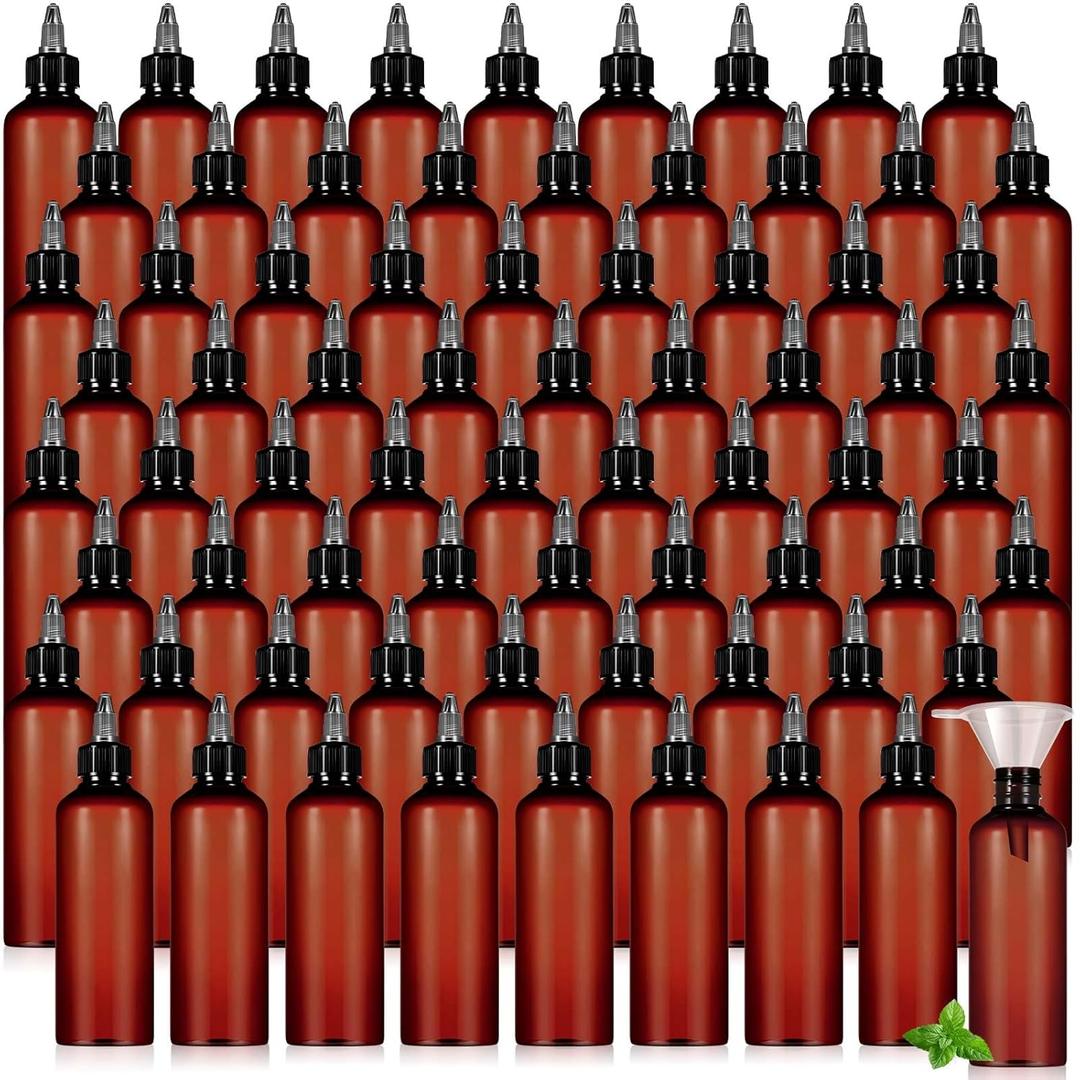 Barydat 72 Pcs 3.4 oz Squeeze Bottle Travel Lotion Bottle Twist Top Applicator Empty Hair Oiling Bottles with Funnels Refillable Plastic Liquid Containers for Liquid Hair Oil Shampoo Lotion (Amber)