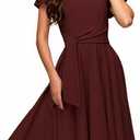 FENJAR Womens Elegance Audrey Hepburn Style Ruched Short Ruffle Sleeve Casual Swing A-line Dress(R-Wine-XXL) (XXL)
