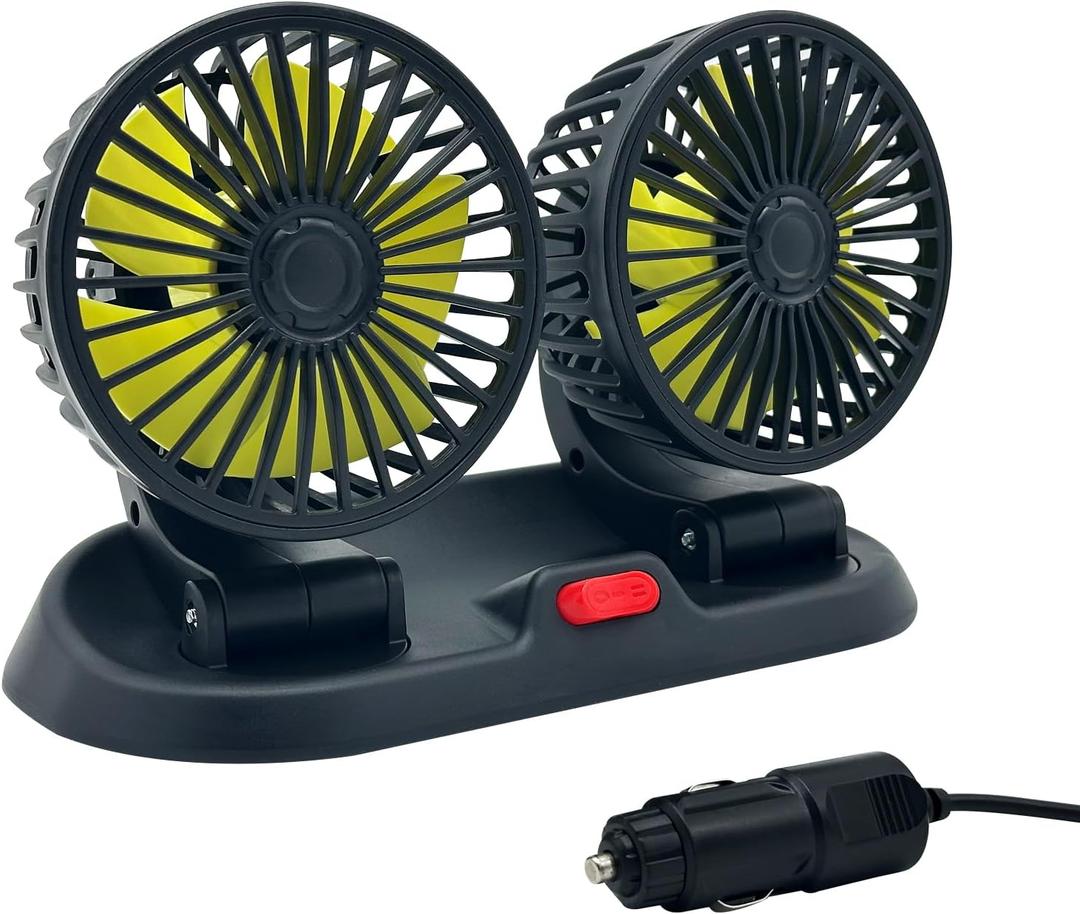 Adjustable Car Cool Fan, Dual Head Design, 2-speed Adjustable, 360 Rotating Portable Car Fan,12V Cigarette Lighter Powered, Suitable for Caravan, Sedan, SUV. (black DYQ)
