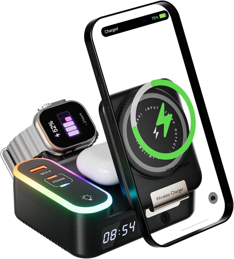 Wireless Charger 8in1 Magnetic Wireless Charger Fast Charging Station for iPhone, 65W Fast Foldable Charger with LED Clock, USB-C/A Ports, Multi-Device Charging, Travel Charged, MagSafe Compatible