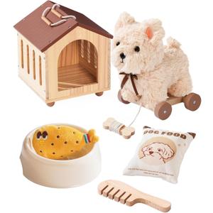 ROBOTIME Pull Dog Toy for Toddlers, Puppy Pet Care Pretend Play Set with Stuffed Animal, Dog House & Accessories, Walking Pull Along Toy, Educational Plush Gift for Boys and Girls