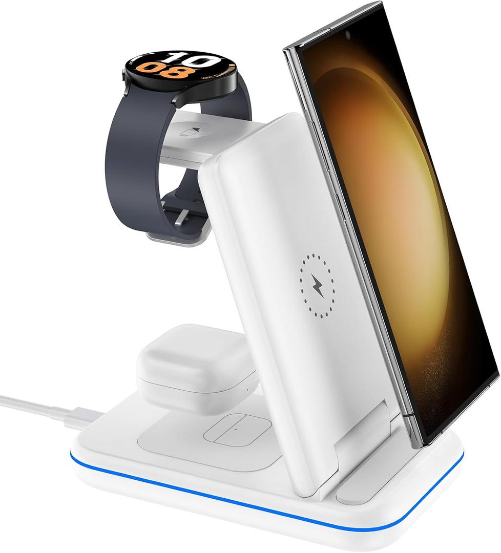 Wireless Charger for Samsung/Android, HOLYJOY Foldable 3 in 1 Fast Charging Station/Stand/Multi Charger for Samsung S25 Ultra/S24/Note 20,Travel Pad for Galaxy Watch 8/7/6/5/4/Active 2,For Buds(Ivory)