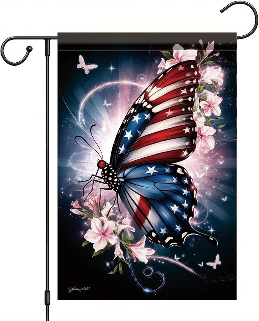 Patriotic American Flag Butterfly Garden Flag 4th of July Memorial Day 12x18 Inch Double Sided Veterans Day Decorations Supplies for independence Day Decorative Yard Flag Decor Outside