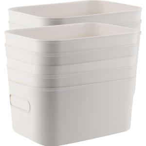 MOUYAT 6 Pack White Plastic Storage Bins, Stackable Plastic Storage Baskets Boxes, Cupboard Organiser Storage Boxes for Shelves Drawers Pantry Closet Bathroom, 9.8 x 6.8 x 5.9 Inch