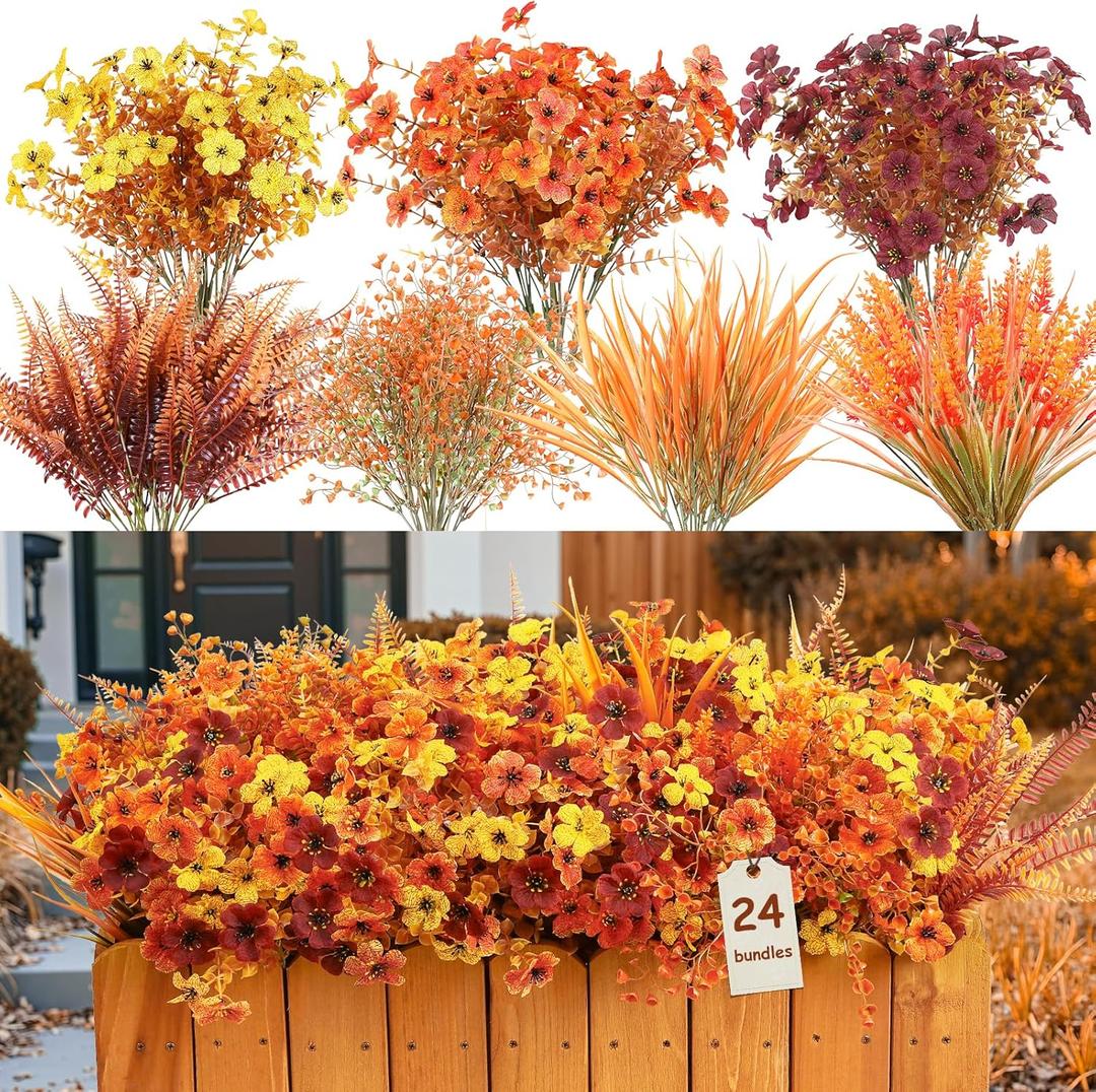 Alupssuc 24 Bundles Artificial Fall Flowers for Outdoors Decoration, UV Resistant Silk Colorful Daisy with Eucalyptus and Realistic Fake Autumn Plants for Outside Indoor Yard Home Patio Decor