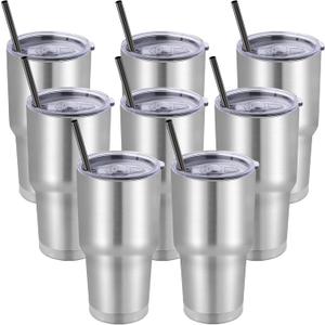 DOMICARE 30 oz Tumbler with Lid and Straw, Stainless Steel Tumblers Bulk, Insulated Vacuum Double Wall Travel Coffee Mug, Durable Powder Coated Tumbler Cups (Stainless Steel, 8)