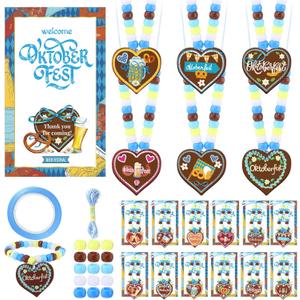 25 Sets Oktoberfest Bead Necklaces Party Favors DIY Crafts Kit German Beer Bavarian Gingerbread Hearts Wooden Pendant with Thank You Gift Cards Blue Oktoberfest Party Supplies, 12 Styles
