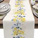 Spring Table Runner 90 Inches Long Summer Flower Wild Leaves Seasonal Runner for Tables Dining Room Blue White Yellow Floral Holiday Dinner Runner Party Table Decoration