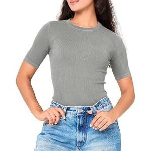 BAMBOO COOL Women's Seamless Tight T-Shirts Slim Fit Basic Ribbed Tees Short Sleeve Crew Neck Top M 