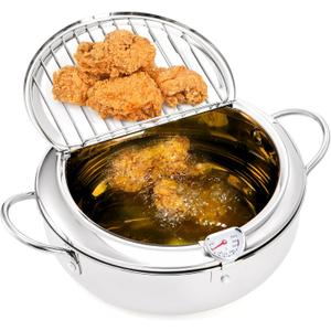 Yopay Deep Fryer Pot 304 Stainless Steel, 3.4L Frying Chicken Pot with Thermometer Control and Lid, Japanese Style Tempura Fryer Pot