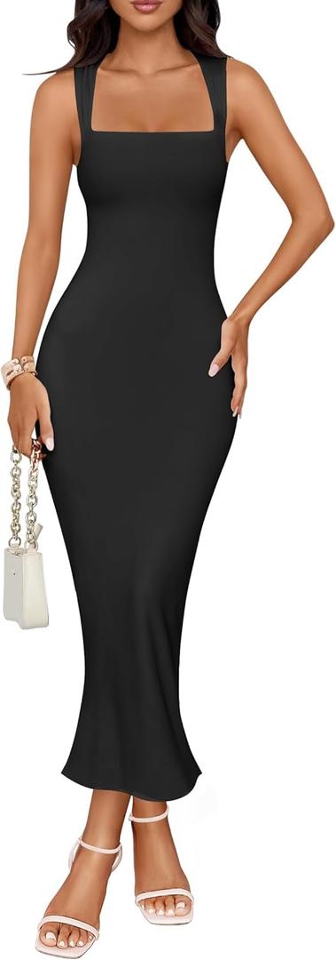 ZESICA Women's Summer Bodycon Midi Dress Sleeveless Square Neck Slim Fit Back Slit Long Cocktail Party Dresses (Medium, Black)
