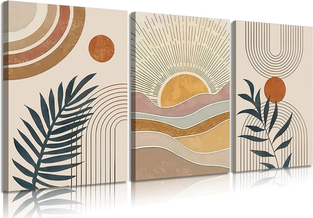 3Pcs Framed Boho Abstract Wall Art Orange Rainbow Sun Desert Minimalist Picture Mid-Century Modern Poster Prints Neutral Botanical Geometric Canvas Painting Wall Decor for Living Room 24L x 16W