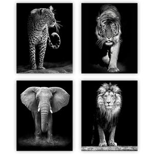 4 Set-Black and White African Wild Animal Photo Wall Art, Tiger, Lion, Elephant, Leopard Picture Canvas Wall Poster Printing, Brave Inspirational Wall Art For Bedroom Living Room Decor(8"x 10"Unframed)
