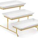 MALACASA 3 Tier Serving Trays for Party, 12 Inch Porcelain White Trays for Serving Food, Dessert Stand with Collapsible Gold Metal Rack