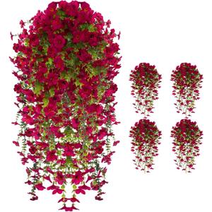 UV Resistant Artificial Hanging Flowers for Outdoors, Faux Morning Glory Fake Hanging Plants for Porch, Garden, Patio & Home Decoration, Realistic Silk Flowers, No Fade, No Watering, 4 PCS, Rose Red