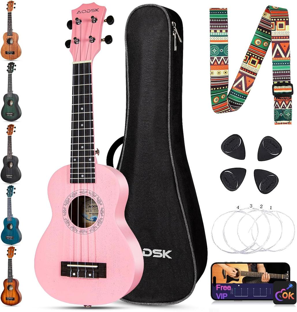 AODSK Soprano Pink Ukulele for Beginner 21 Inch Ukelele with Gig Bag Strap Nylon String 4 Picks Holiday Gift