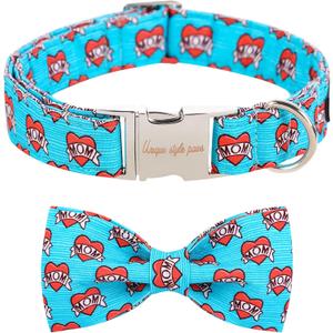 Unique style paws Valentine's Day Dog Collar with Bow Tie Blue Heart Puppy Collar Best Gift for Small Medium Large Boys Girls-XL (Blue MoM Love)