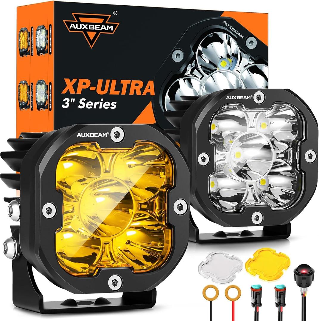 Auxbeam XP-Ultra Series Hyperspot LED Pods, 3 Inch 80W Spot Beam Offroad Lights, 9600LM Amber White Dual Color, 30 Spotlight Yellow Fog Ditch Lights, for 4x4 Jeep Ford Toyota, Pair