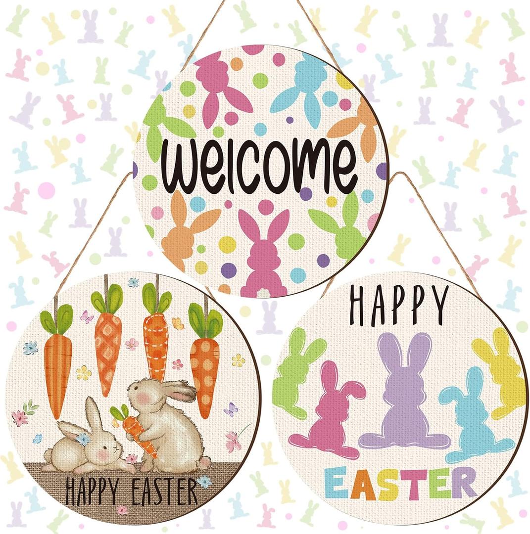 3 Pcs Happy Easter Door Hanger Decoration Easter Rabbit Wooden Door Sign Bunny Welcome Wreath for Front Decor for Farmhouse Home Living Room Decor, 11.8 x 11.8 Inch