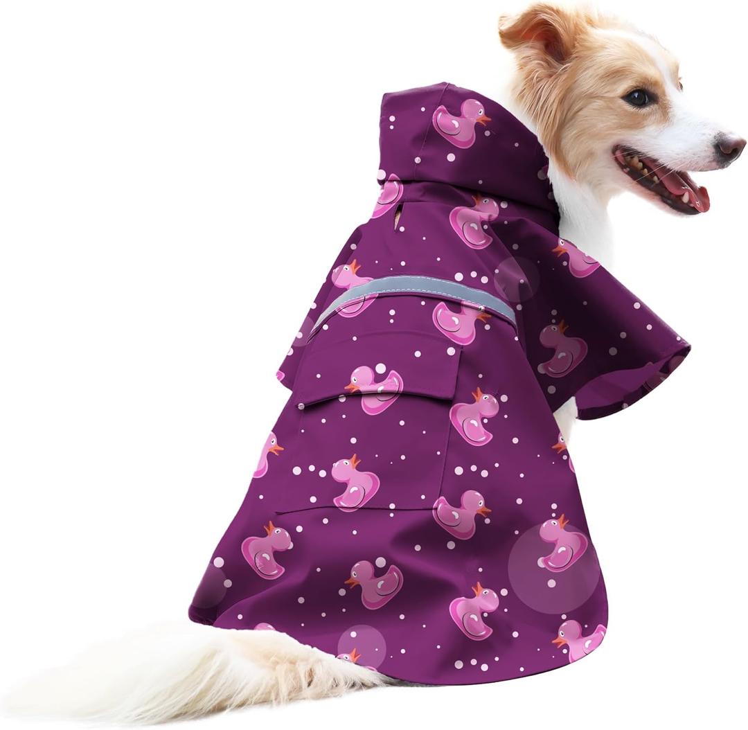DELIFUR Large Dog Raincoat - Waterproof Dog Rain Poncho Adjustable Double Layer Rain Jacket with Hood for Medium Large Dogs Designed with Leash Hole Reflective Strip(Purple Duck, X-Large)