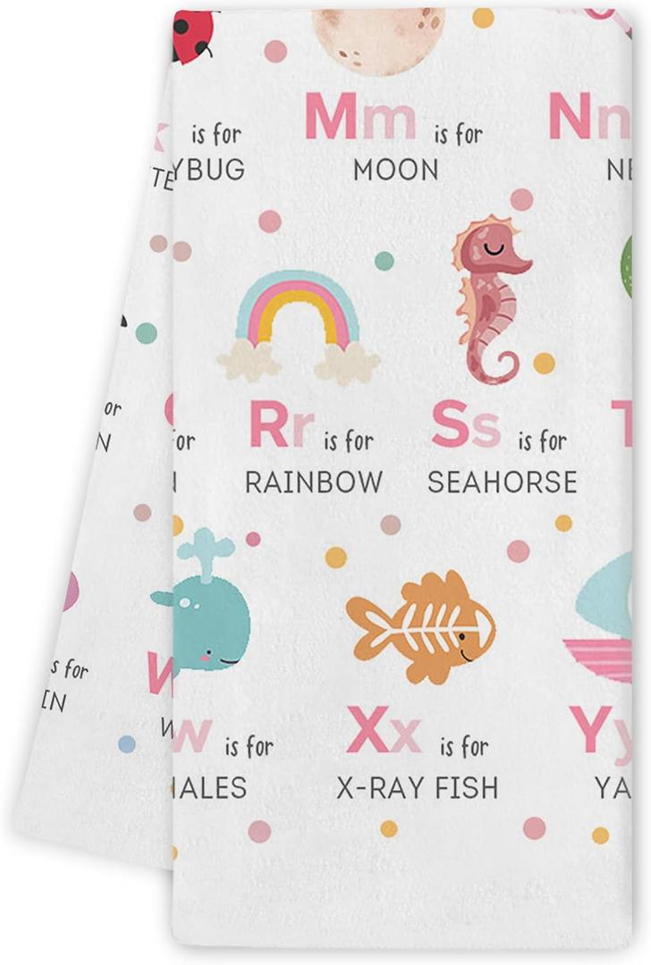 Pink Alphabet Hand Towels - Kids Boys Dish Towels, A-Z Alphabet Animals Hand Towels Dishcloth for Nursery Bathroom Kitchen Decorative, 16x24 Inch