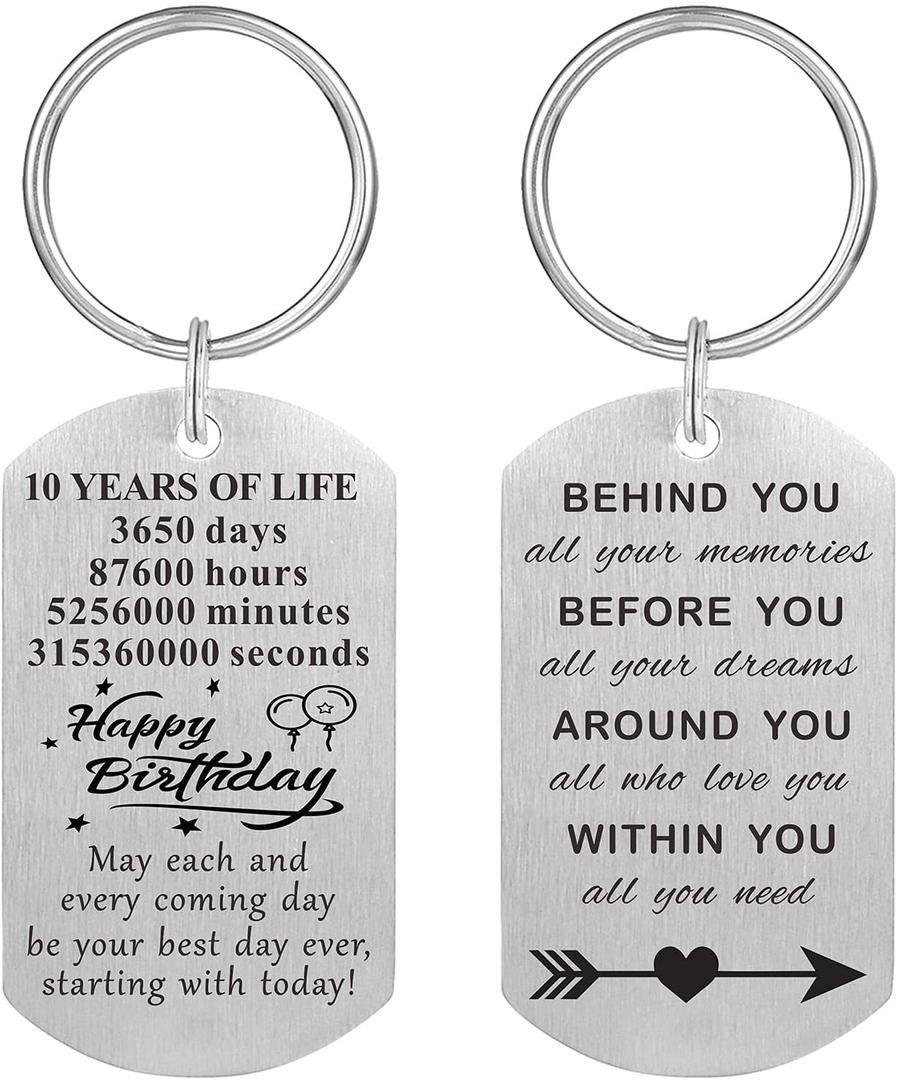4 x Birthday Gift Ideas for Women Men, Boys Girls Happy Birthday Decorations for Him Her, Best Friend Bday Keychain Unisex (10th)