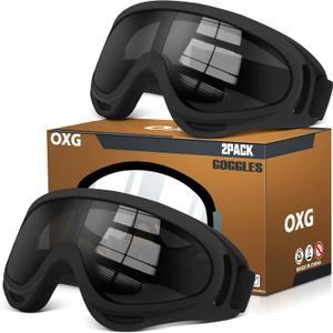 OXG 2 Pairs Motorcycle Goggles Fit Helmet, ATV Ski Goggles Anti-UV Dustproof Windproof Dirt Bike Goggles for Youth Men Women (Black)