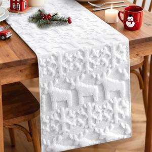OTOSTAR Christmas Tree and Elk Soft Plush Faux Fur Jacquard Xmas Table Runner, Seasonal Holiday Dining Table Decoration for Home Party Decor 13x108 Inch (Pure White)