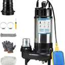 1HP Sewage Grinder Pump Submersible Effluent Pump, Sump Pump 110V 6400GPH with Automatic Float Switch,Stainless steel body and reamer.2'' NPT Discharge for Basement, Sump Basin.
